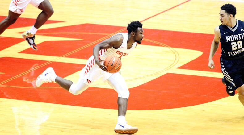 Dayton’s Jordan Davis dribbles against North Florida on Wednesday, Nov. 7, 2018, at UD Arena. David Jablonski/Staff