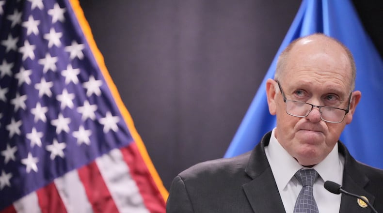 White House border czar Tom Homan holds a news conference at the Bishop Whipple Federal building on Thursday, Feb. 12, 2026 in Minneapolis. (Leila Navidi /Star Tribune via AP)