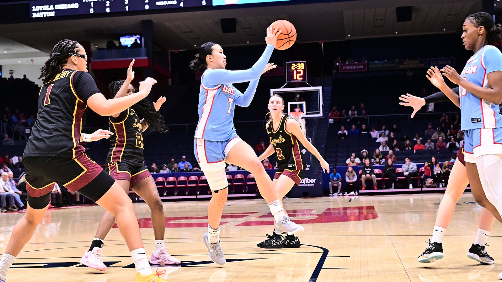 Dayton's Olivia Leung passes the ball during their game against Loyola Chicago on Wednesday, Jan. 7, 2026 at UD Arena. ERIK SCHELKUN / CONTRIBUTED PHOTO