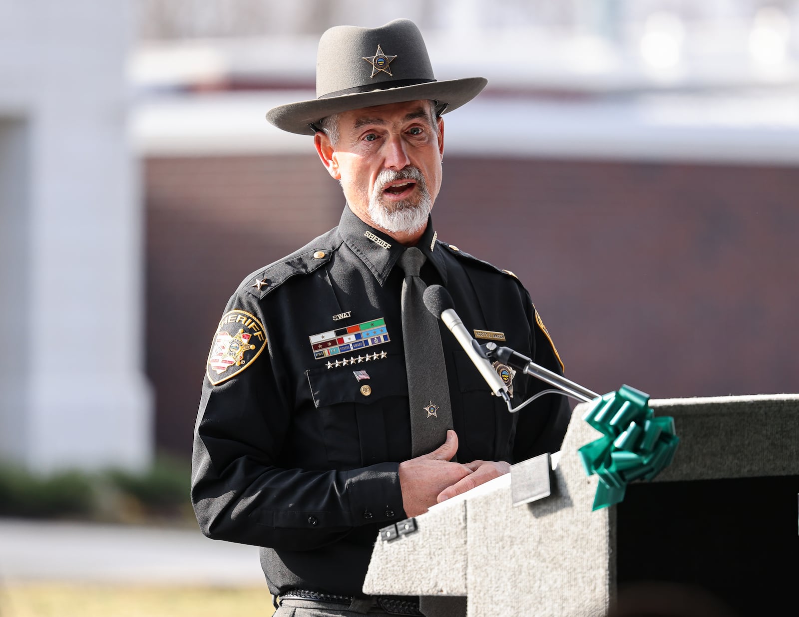 Greene County Sheriff Scott Anger talks during a ribbon cutting ceremony for the newly-completed Greene County Jail and Gene Fischer Justice Center on Wednesday, Nov. 19 in Xenia. BRYANT BILLING/STAFF