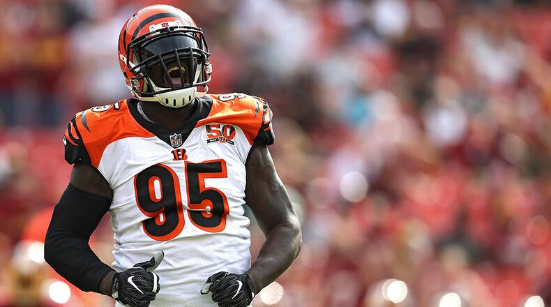 LANDOVER, MD - AUGUST 27: Wallace Gilberry #95 of the Cincinnati Bengals reacts after sacking quarterback Kirk Cousins #8 of the Washington Redskins (not pictured) in the first quarter during a preseason game at FedExField on August 27, 2017 in Landover, Maryland. (Photo by Patrick Smith/Getty Images)
