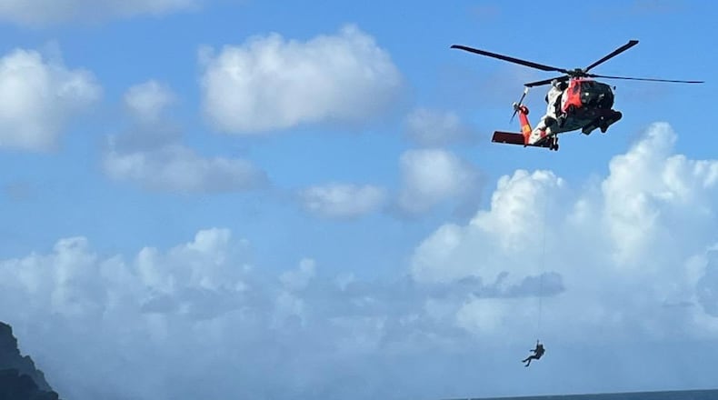 The U.S. Coast Guard helicopter rescue team at the Annaly Bay-Carambola tide pools in St. Croix, coming to the aid of Dean Waggenspack, a Kettering resident who was trapped in a cave-like shaft near the tide pools during a Thanksgiving vacation on Nov. 22, 2022. CONTRIBUTED