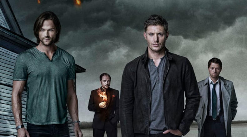 Jared Padalecki as Sam Winchester; Jensen Ackles as Dean Winchester; Misha Collins as Castiel and Mark Sheppard as Crowley.