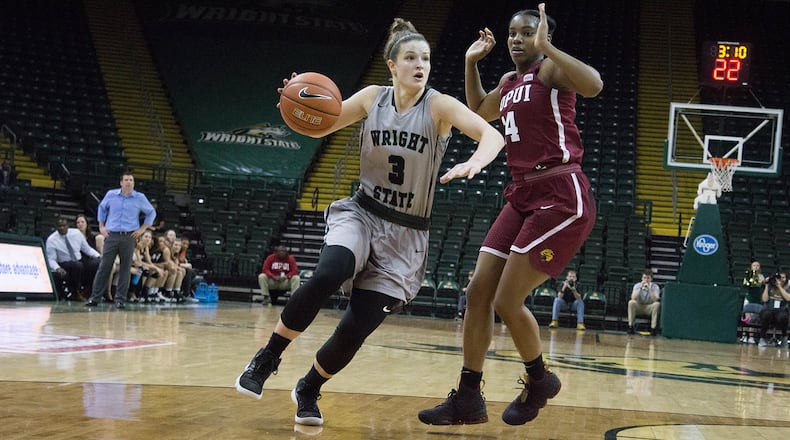 Wright State’s Emily Vogelpohl drives to the basket during a game earlier this season. Vogelpohl had a team-high 18 points Thursday night in an 85-55 victory against Detroit Mercy at the Nutter Center. ALLISON RODRIGUEZ/CONTRIBUTED PHOTO