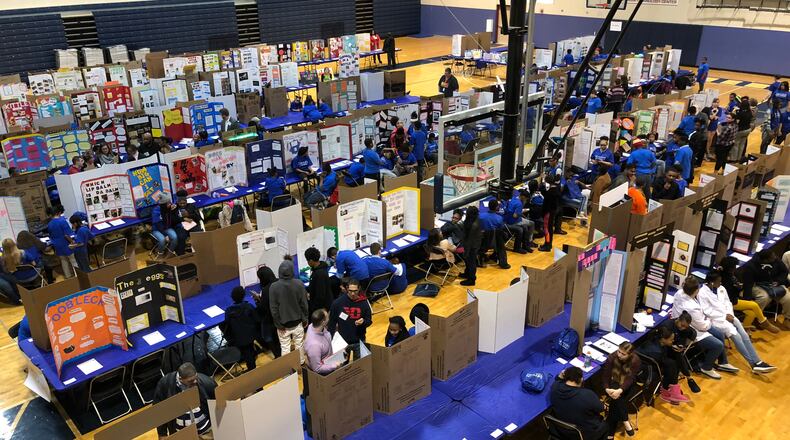 Science, technology and invention projects fill the Ponitz Career Tech Center gym during Dayton Public Schools’ 2018 science fair. CONTRIBUTED PHOTO