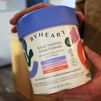 FILE - A container of ByHeart baby formula, which was recently recalled by ByHeart, in Flagstaff, Ariz., on Wednesday, Nov. 12, 2025. (AP Photo/Cheyanne Mumphrey, File)