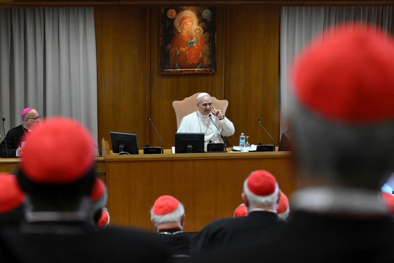 Pope Leo XIV meets the College of Cardinals in the New Synod Hall at the Vatican, Saturday, May 10, 2025. (Vatican Media via AP)