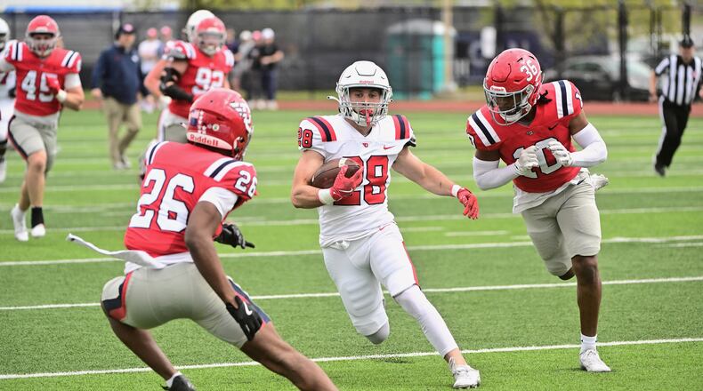 Dayton's Will Cohen runs the ball during the annual spring game on Sunday, April 13, 2025, at the Jerry Von Mohr Practice Facility in Dayton. Photo courtesy of UD