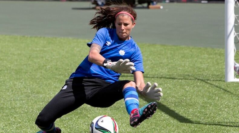 Team Canada's goalkeeper goalkeeper Stephanie Labbe makes a save during a practice session in Edmonton, Alberta, on Friday June 5, 2015. Canada takes on China in their first Women's World Cup match on Saturday June 6, 2015. (Jason Franson/The Canadian Press via AP) MANDATORY CREDIT