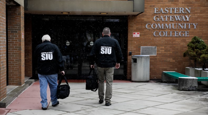 Multiple agencies, including the Auditor of State’s Special Investigation Unit, Jefferson County Sheriff’s Office, the Ohio State Highway Patrol’s Computer Crimes Unit, the U.S. Secret Service, the Coumbus Division of Police’s Digital Forensics Unit, and the Ohio Narcotics Intelligence Center, executed a search warrant Thursday at Eastern Gateway College in Steubenville. Courtesy of the Auditor of State.