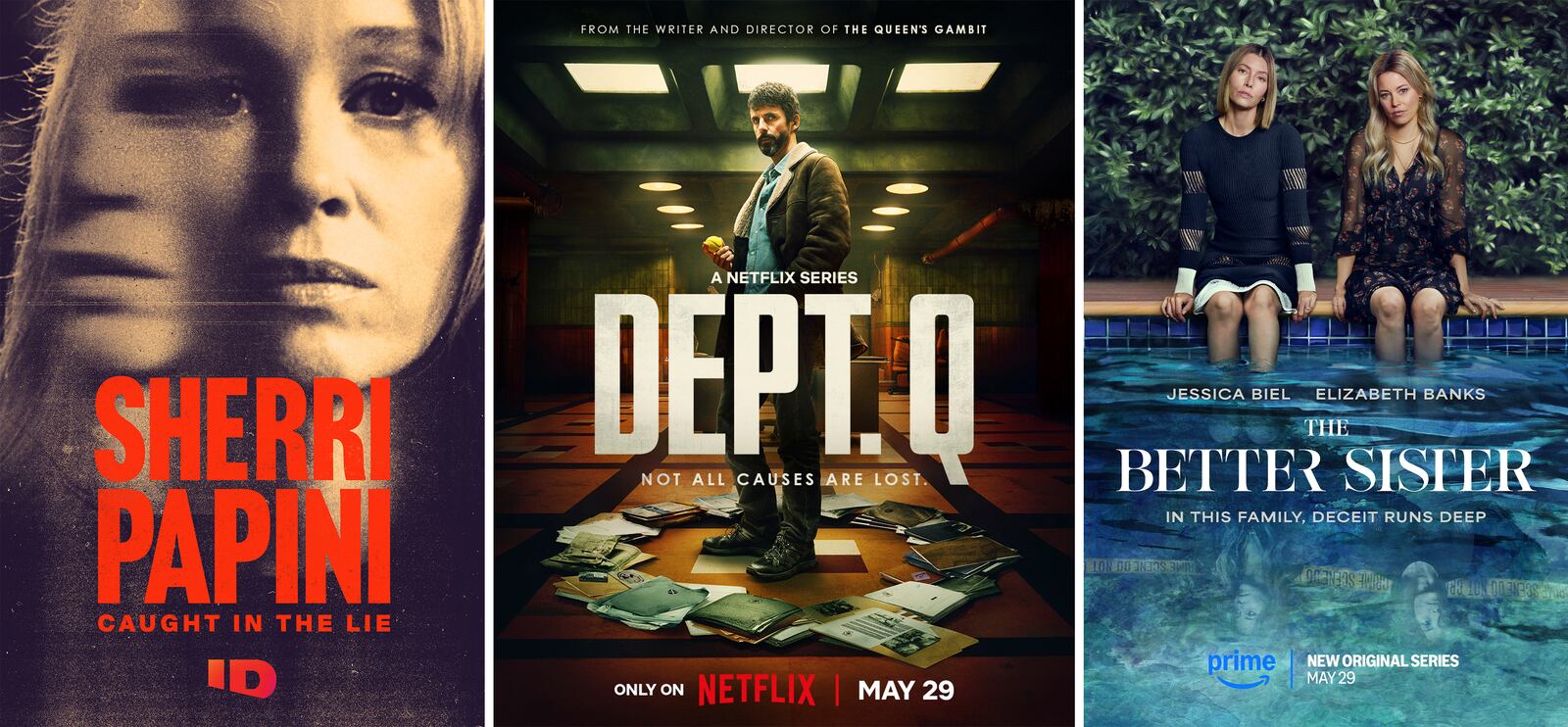 This combination of images shows promotional art for "Sherri Papini: Caught in the Lie", from left, " Dept. Q", and "The Better Sister." (Investigation Discovery/Netflix/Prime Video via AP)