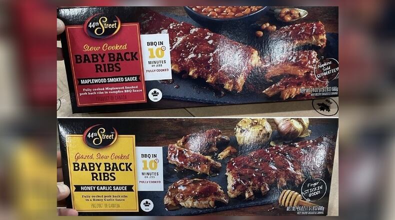 Some 44th Street brand frozen ready-to-eat baby back ribs from Canada are under recall because they were not presented for import reinspection, officials said Friday. The products were shipped to retail locations and restaurants in several states, including Ohio. CONTRIBUTED