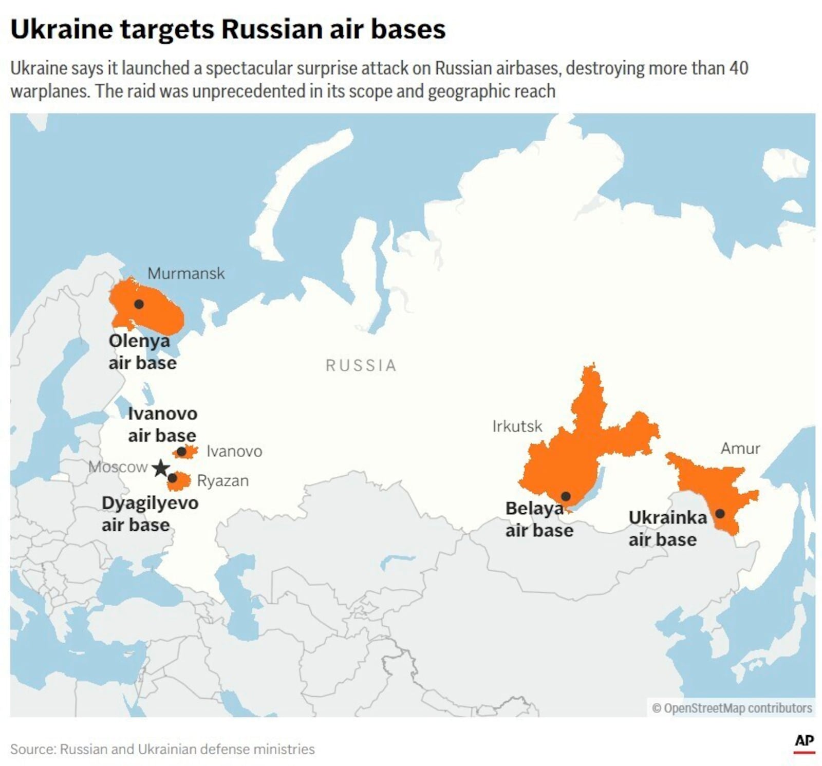 The map above highlights regions and air bases in Russia where Ukraine says it launched surprise attacks.(AP Digital Embed)