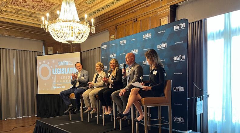 A panel at the Dayton Area Chamber of Commerce Legislative Day briefing Tuesday. From right to left, Suzanne Sumner, a Taft, Stettinius & Hollister partner; Ohio Rep. Bernard Willis; Lyndy Rohe, development director with the National Military Family Association; Shawnee Williams, of Skillbridge; and Alexander Hardy, president of Valerio Solutions. THOMAS GNAU/STAFF