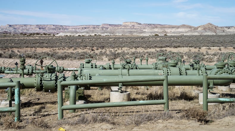 A view of natural gas pipes installed above ground in a field at a well pad in Counselor, N.M., Navajo Nation, on Tuesday March 11, 2025. (Nadav Soroker/Searchlight New Mexico via AP)