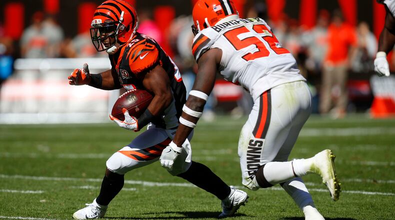 CLEVELAND, OH - OCTOBER 01: Giovani Bernard #25 of the Cincinnati Bengals runs the ball against James Burgess #52 of the Cleveland Browns in the second half at FirstEnergy Stadium on October 1, 2017 in Cleveland, Ohio. (Photo by Justin Aller /Getty Images)