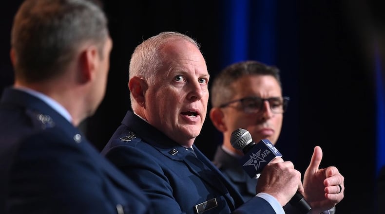 Air Force Lt. Gen. Dale White at a panel discussion at the Air and Space Forces Association’s Air, Space & Cyber Conference, National Harbor, Md., Sept 17, 2024. . Air Force photo by Andy Morataya