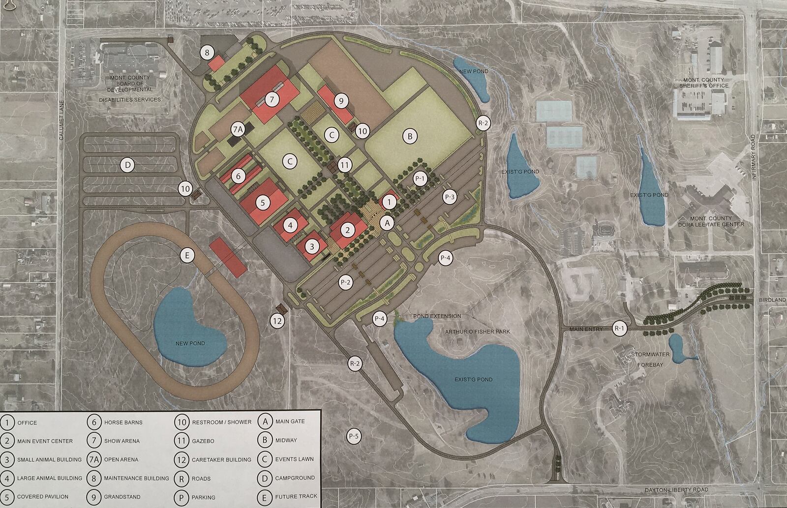Plans unveiled Monday for the new Montgomery County Fairgrounds site in Jefferson Twp. call for three air-conditioned and heated buildings to keep and attract year-round events. Seven buildings and an office are planned during the first phase of development to begin next month. SUBMITTED BY MONTGOMERY COUNTY AGRICULTURAL SOCIETY