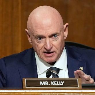 FILE - Sen. Mark Kelly, D-Ariz., speaks during the Senate Armed Services Committee confirmation hearing for Pete Hegseth, President-elect Donald Trump's choice to be Defense secretary, at the Capitol in Washington, Tuesday, Jan. 14, 2025. (AP Photo/Ben Curtis, file)