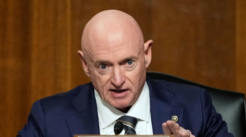 FILE - Sen. Mark Kelly, D-Ariz., speaks during the Senate Armed Services Committee confirmation hearing for Pete Hegseth, President-elect Donald Trump's choice to be Defense secretary, at the Capitol in Washington, Tuesday, Jan. 14, 2025. (AP Photo/Ben Curtis, file)