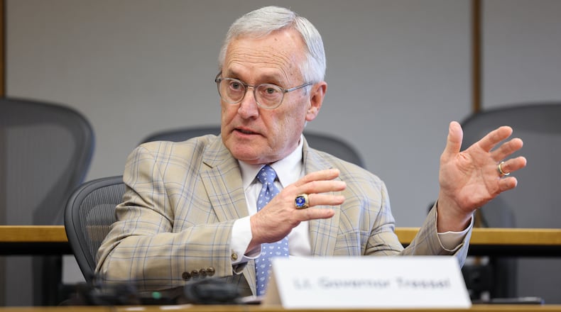 Lt. Gov. Jim Tressel talks during a roundtable discussion on Tuesday at Sinclair Conference Center. Tressel and visited the campus on the latest stop of workforce discussions with education and business leaders around the state. BRYANT BILLING / STAFF