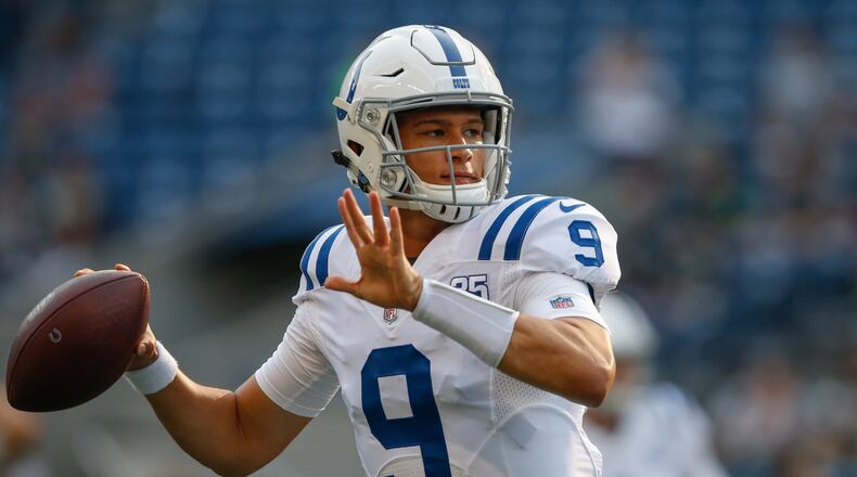 SEATTLE, WA - AUGUST 09: Quarterback Brad Kaaya #9 of the Indianapolis Colts warms up prior to the game against the Seattle Seahawks at CenturyLink Field on August 9, 2018 in Seattle, Washington. (Photo by Otto Greule Jr/Getty Images)