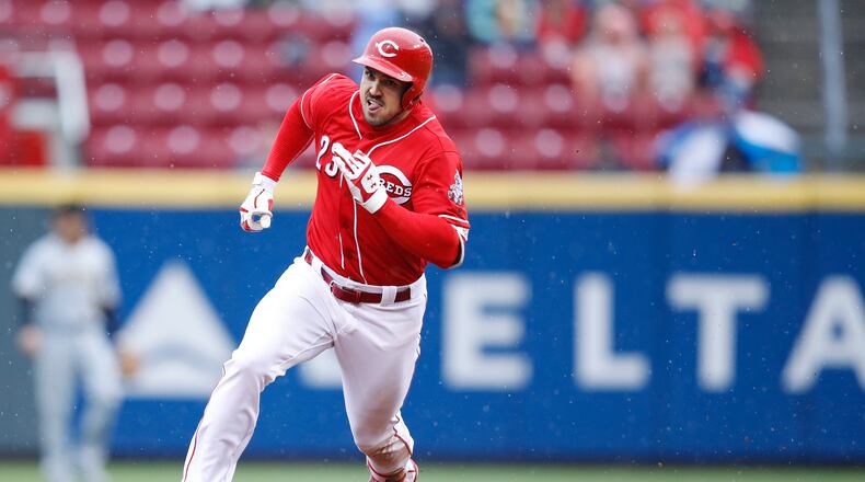 CINCINNATI, OH - MAY 04: Adam Duvall #23 of the Cincinnati Reds rounds second base on his way to a triple in the fifth inning of a game against the Pittsburgh Pirates at Great American Ball Park on May 4, 2017 in Cincinnati, Ohio. (Photo by Joe Robbins/Getty Images)