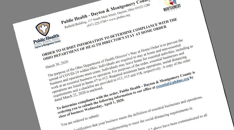 Businesses subject to complaints received by Public Health - Dayton & Montgomery County were sent a letter requiring information proving they are in compliance with a state health department order designed to mitigate the spread of coronavirus. PUBLIC HEALTH - DAYTON & MONTGOMERY COUNTY