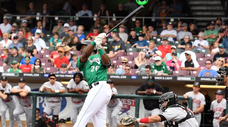 Dayton’s Montrell Marshall takes a swing during Sunday’s 12-4 win over Great Lakes. Nick Falzerano/CONTRIBUTED