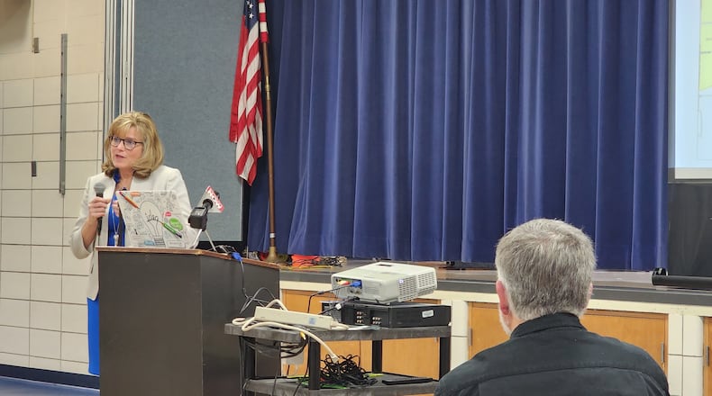 Miamisburg Superintendent Laura Blessing discusses three ideas for redistricting at a town hall meeting at Bauer Elementary School on Wednesday, Jan. 18, 2023. Three more town halls are scheduled for this month and four more in February ahead of an anticipated decision by the district's school board in early March. ERIC SCHWARTZBERG/STAFF