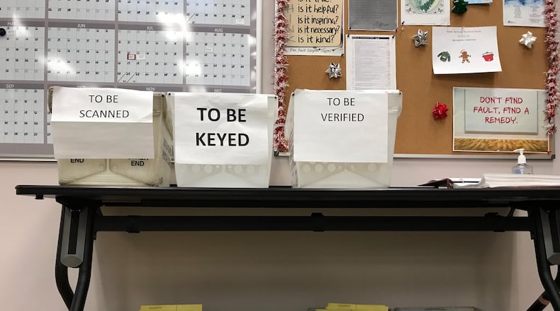 In this Dec. 14, 2017 photo, ballots await further processing at the Franklin County Board of Elections in Columbus, Ohio. The Supreme Court will soon hear a case about Ohio’s efforts to remove inactive voters from its rolls, which has become a flashpoint in a nationwide fight between Democrats and Republicans over access to the polls. The Trump administration is supporting Ohio’s Republican-led government in defending its method for pruning voter rolls. Civil rights groups argue that federal law prohibits states from dropping eligible voters who have chosen not to cast ballots in some elections. (AP Photo/Julie Carr Smyth)