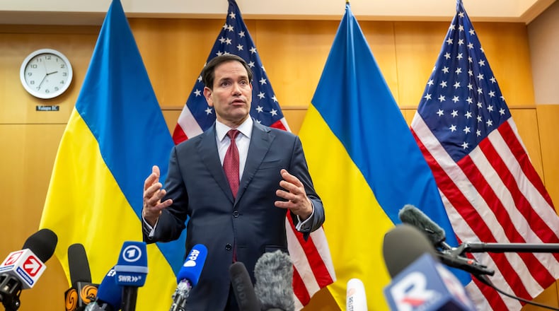 U.S. Secretary of State Marco Rubio talks to the press at the U.S. Mission to International Organizations in Geneva, Switzerland, Sunday, Nov. 23, 2025. (Martial Trezzini/Keystone via AP)