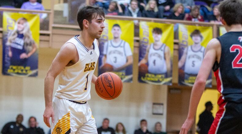 Centerville's Quinn Hafner made six 3-pointers for a game-high 18 points Saturday night to lead the Elks to a 72-15 victory over Tecumseh in a Division I district semifinal at Vandalia Butler High School. Jeff Gilbert/CONTRIBUTED