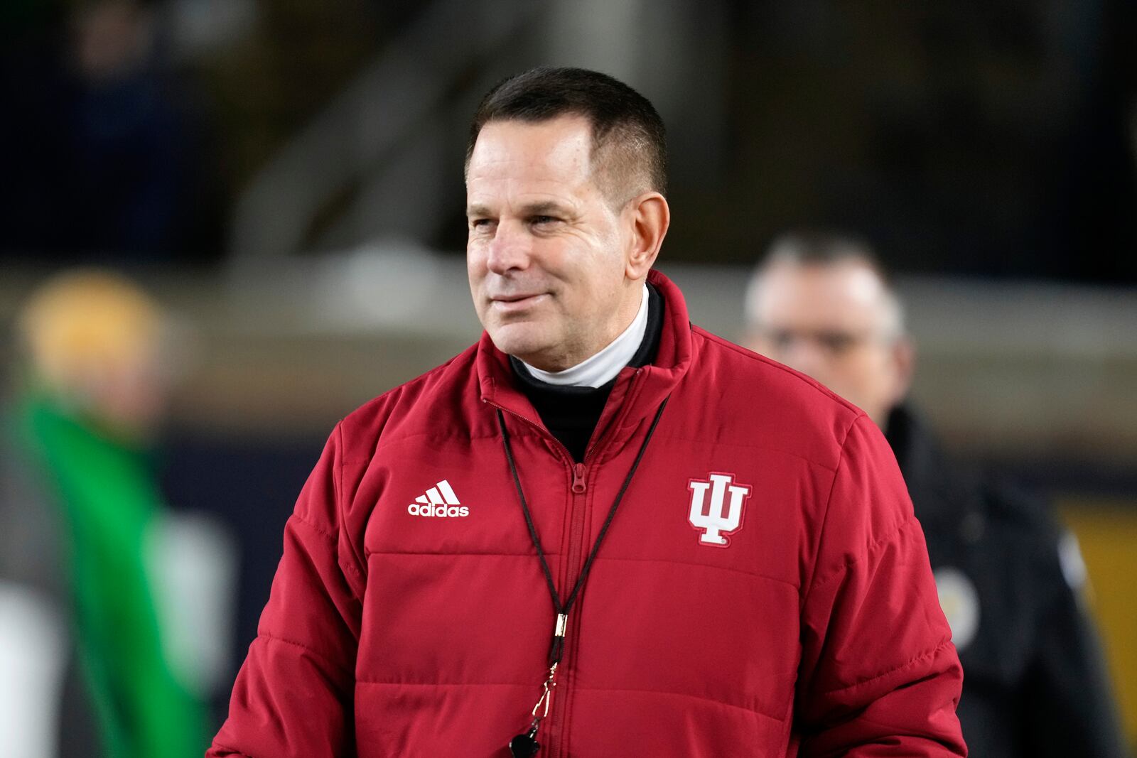 FILE - Indiana head coach Curt Cignetti looks on during warmups in the first round of the College Football Playoff against Notre Dame, Dec. 20, 2024, in South Bend, Ind. (AP Photo/Darron Cummings, File)