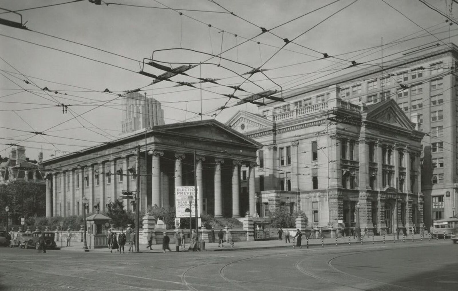 Old and New Court Houses, Corner of Third and Main Streets, early 20th century, gelatin silver print. Dayton Art Institute. On loan from Cristina and Ren Egbert