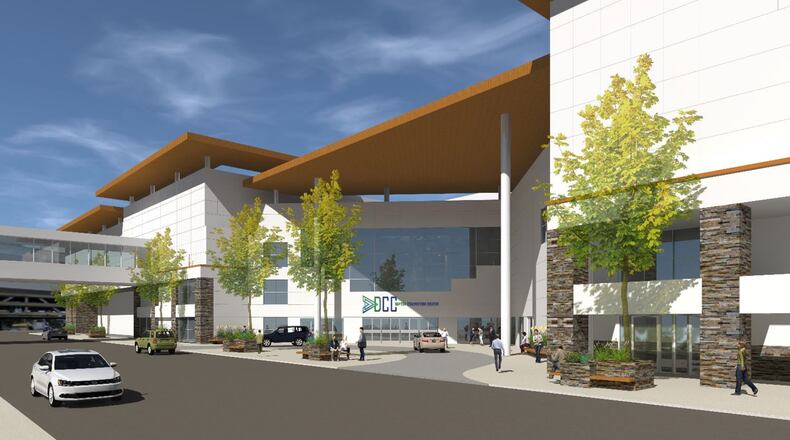 A potential redesign of the Dayton Convention Center exterior may remove the current circular structure at the front entrance and add a roof, as seen in this rendering. LWC INC.