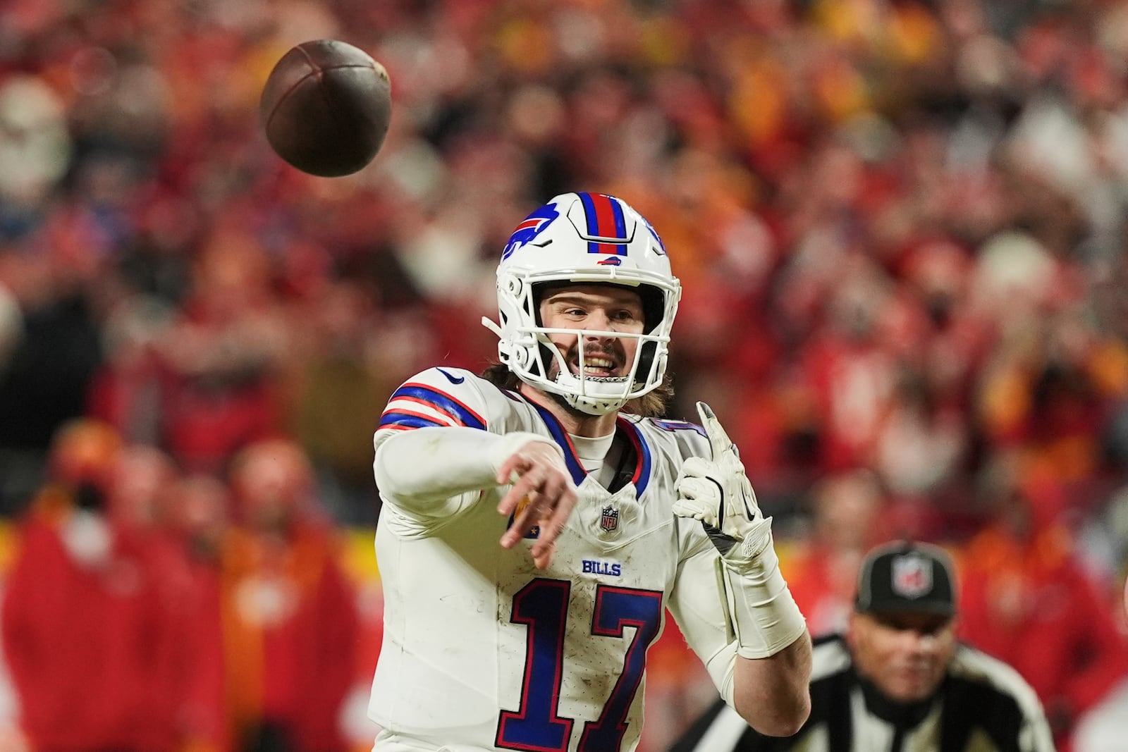 FILE - Buffalo Bills quarterback Josh Allen throws during the second half of the AFC Championship NFL football game against the Kansas City Chiefs, Sunday, Jan. 26, 2025, in Kansas City, Mo. (AP Photo/Charlie Riedel, File)
