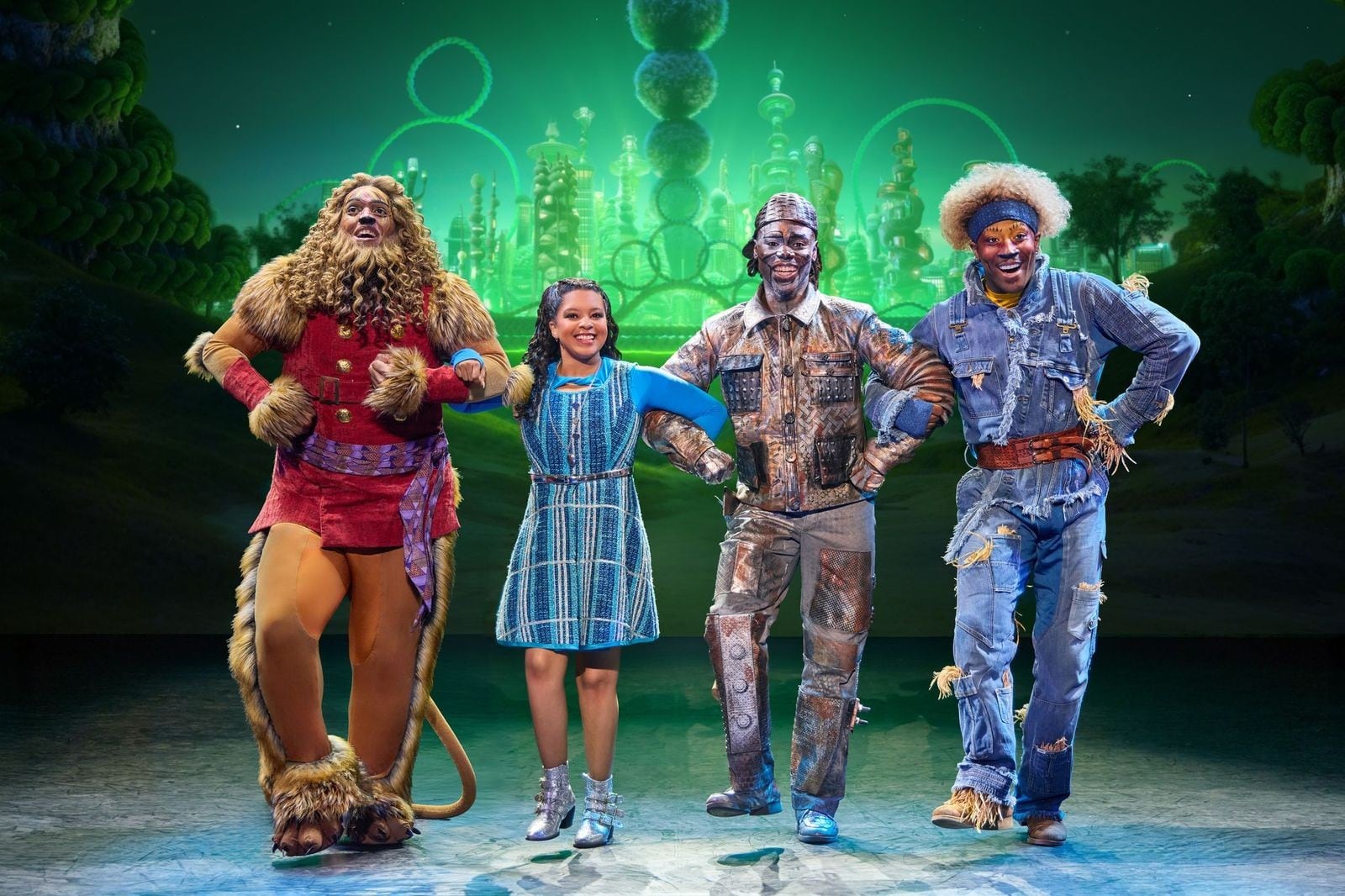 Cal Mitchell as The Lion, Dana Cimone as Dorothy, D. Jerome as The Tinman, and Elijah Ahmad Lewis as The Scarecrow in the North American tour of "The Wiz." Photo by Jeremy Daniel