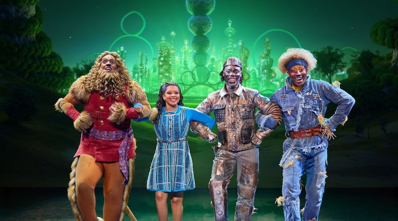 Cal Mitchell as The Lion, Dana Cimone as Dorothy, D. Jerome as The Tinman, and Elijah Ahmad Lewis as The Scarecrow in the North American Tour of "The Wiz." Photo by Jeremy Daniel