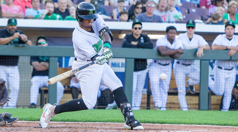 Dayton's Victor Acosta connects for the first of his three hits and two RBIs during the second inning of Monday's 3-2 victory over Lake County. Jeff Gilbert/CONTRIBUTED