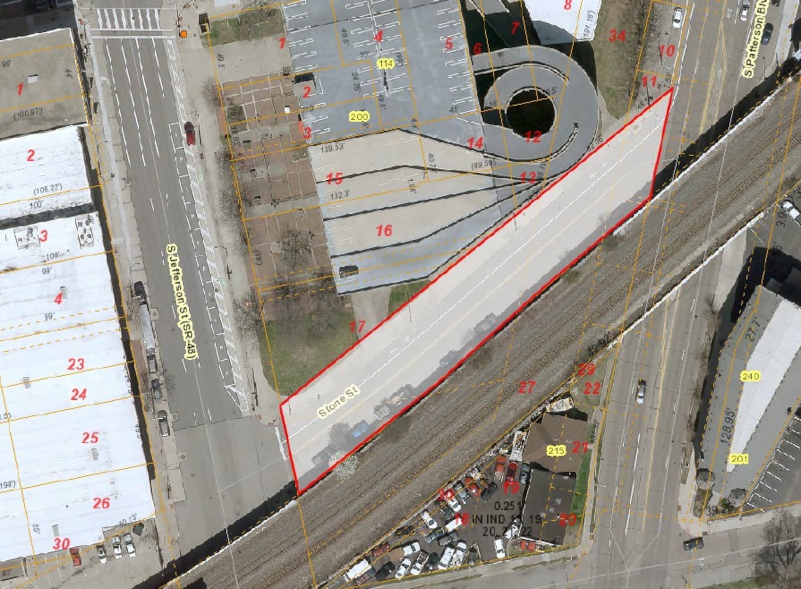 A site map of Stone Street, located south of the Transportation Center in downtown Dayton. An architectural firm evaluated this site as a potential location for the proposed downtown police station. CONTRIBUTED