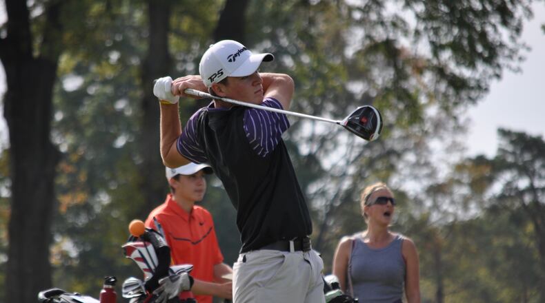 Butler golfer Austin Greaser watches a drive off the 10th tee during the state tournament at the Ohio State University’s Scarlet course Oct. 21, 2017. NICK DUDUKOVICH / CONTRIBUTED