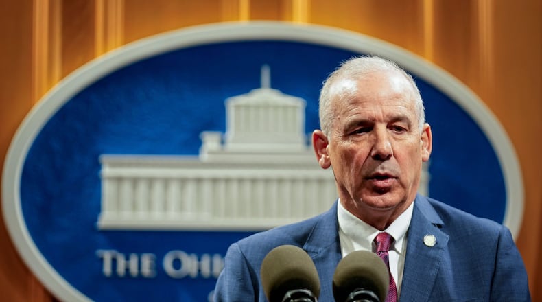 Speaker of the House Matt Huffman speaks to the media after the State of the State address by Ohio Gov. Mike DeWine in the Ohio House chambers at the Ohio Statehouse on Wednesday, March 12, 2025, in Columbus, Ohio. (Samantha Madar/The Columbus Dispatch via AP, Pool)