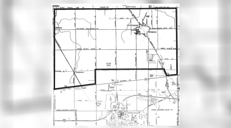 If a proposal to split Clay Twp. is approved, a new township would be created, with specific boundaries along Montgomery County Line Road to Diamond Mill Road, west on U.S. 40 to Ohio 49, north on Ohio 49 to Wengerlawn Road, west on Wengerlawn to Dodson Road, south on Dodson to U.S. 40, U.S. 40 to Preble County Line Road, north on Preble County Line to Darke County Line/Montgomery County Line Road.