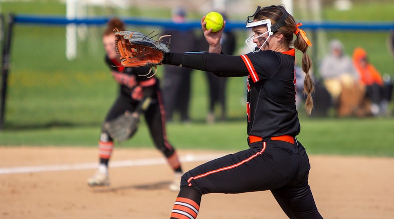 Beavercreek sophomore pitcher Haley Ferguson pitches during Tuesday's 4-1 victory at Miamisburg. She leads the Greater Western Ohio Conference in strikeouts with 105 in 76 innings and starting pitchers in ERA at 1.01. Jeff GIlbert/CONTRIBUTED