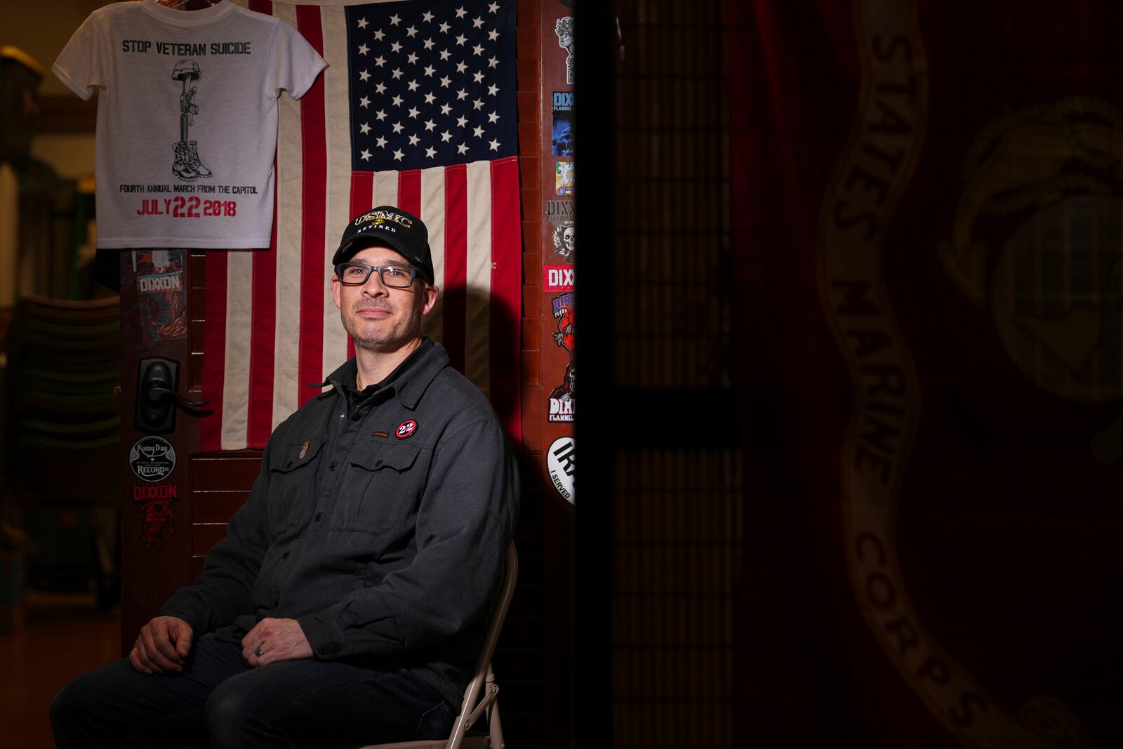 Marine Corps combat veteran Matt Metzger, who grows his own mushrooms for microdosing psilocybin, poses for a portrait Wednesday, March 26, 2025, in Olympia, Wash. (AP Photo/Lindsey Wasson)