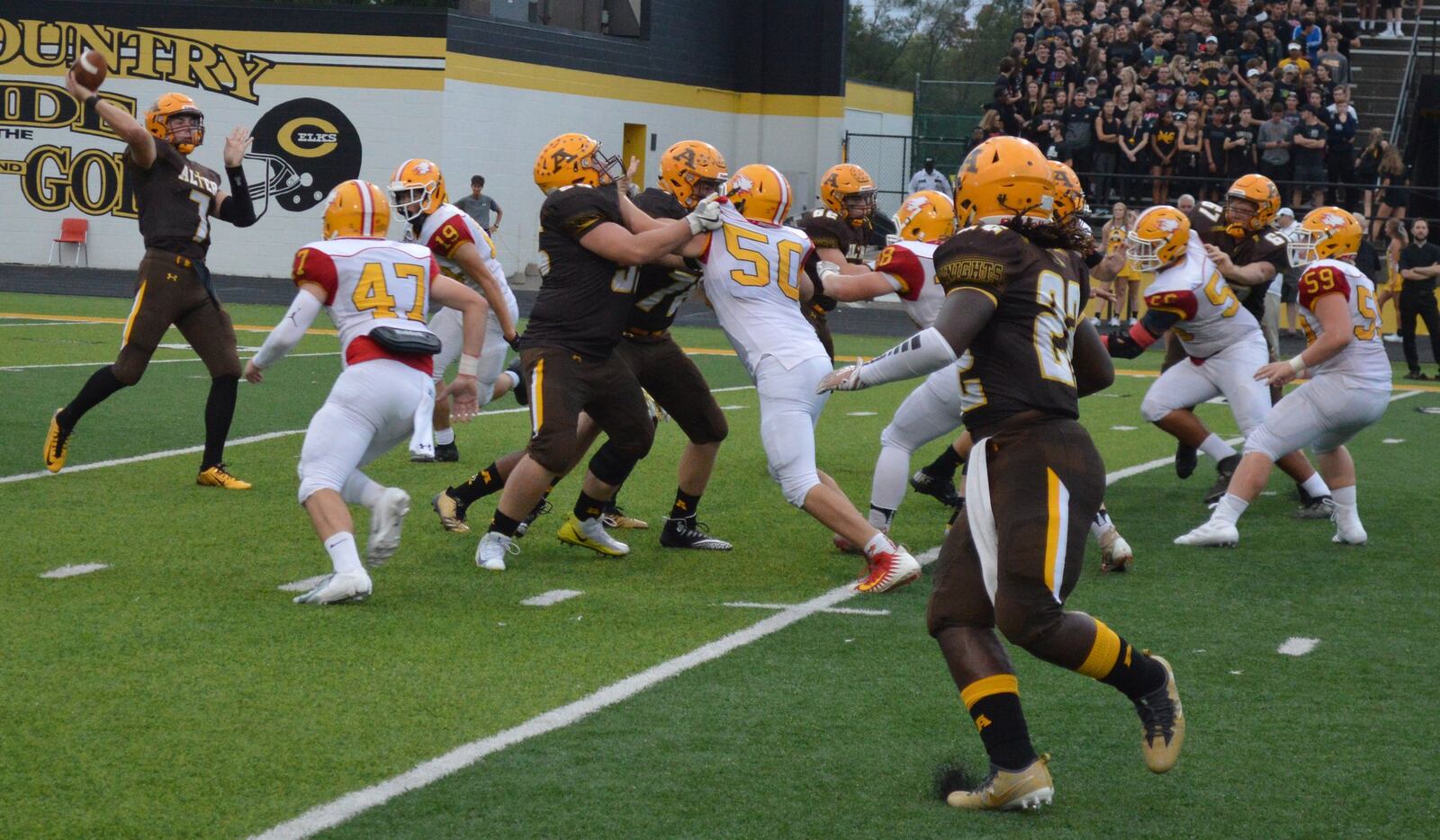 Alter quarterback Connor Bazelak goes to the air during Friday night’s 45-20 victory over Fenwick at Centerville Stadium. CONTRIBUTED PHOTO BY ERIC FRANTZ