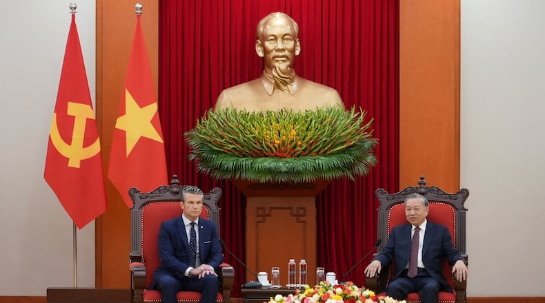 FILE - U.S. Defense Secretary Pete Hegseth, left, and General Secretary of Vietnam's Communist Party To Lam talk during a meeting in Hanoi, Vietnam, Nov. 2, 2025. (AP Photo/Hau Dinh, File)