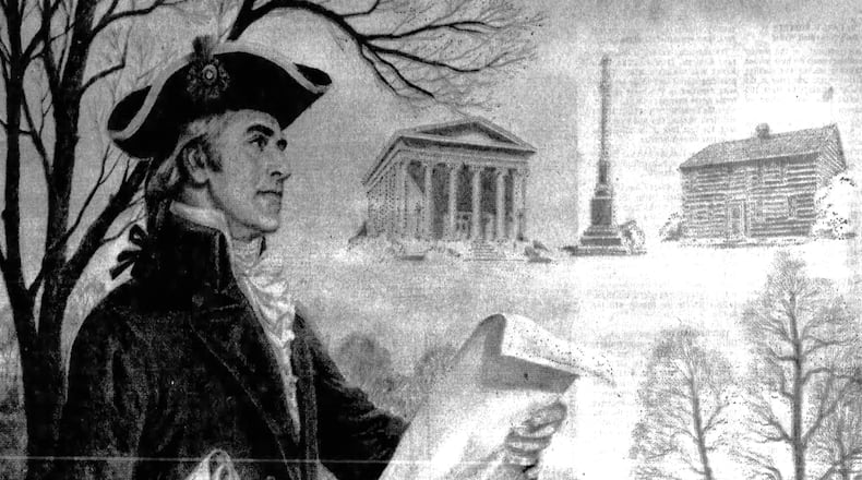 This drawing, showing Jonathan Dayton surveying Ohio lands, the Old Courthouse, Soldier's Monument and Newcom Tavern, was created by Dayton artist Lloyd Ostendorf. DAYTON DAILY NEWS ARCHIVES