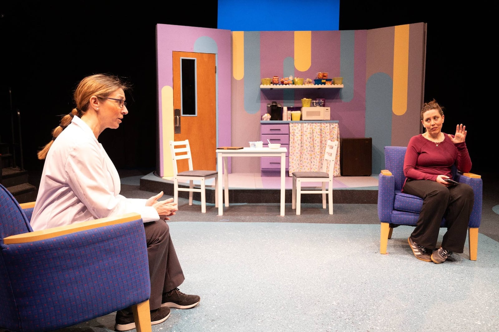 Amy Askins (left as Dr. Toros) and Kayla Graham (Mary Jane) in Dayton Theatre Guild's production of "Mary Jane." Photo by Rick Flynn